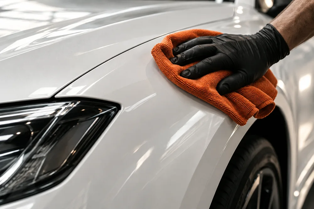 Profissional finalizando a pintura de um carro com uma microfibra; imagem ilustrativa