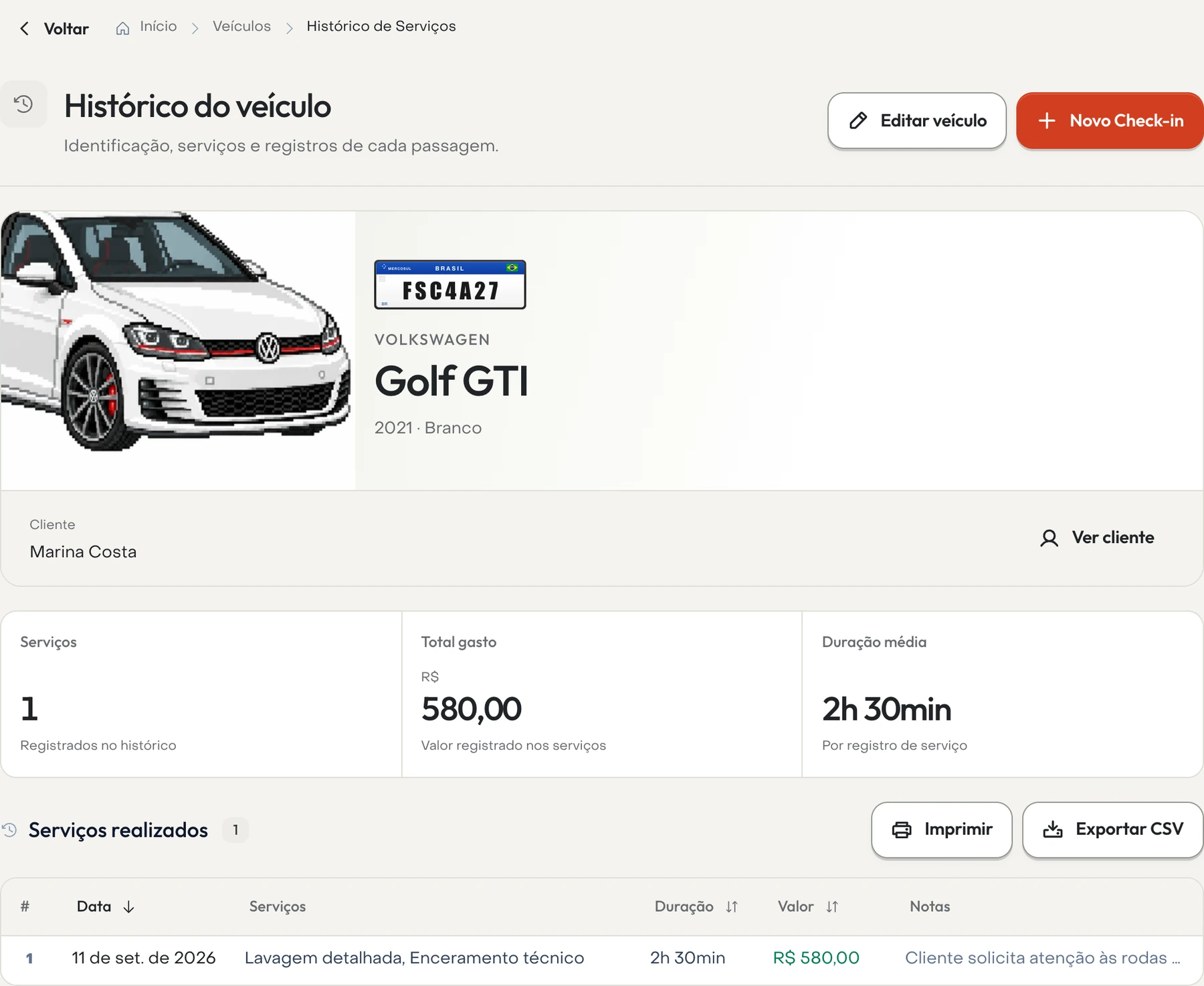 Histórico do veículo no Detail, com os serviços realizados, valores, data e observações