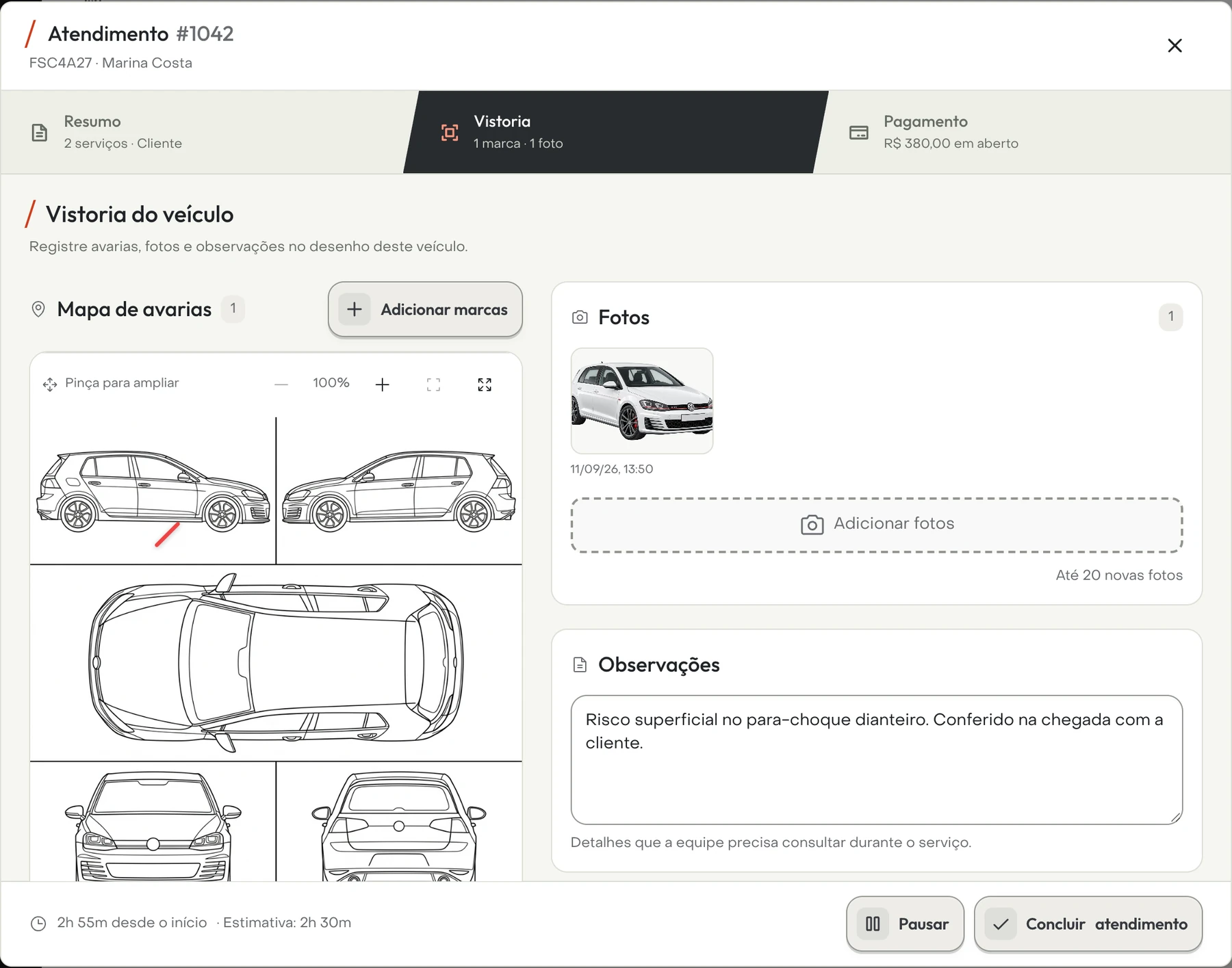 Vistoria do Golf GTI no Detail: avaria marcada no desenho, foto e observações da chegada