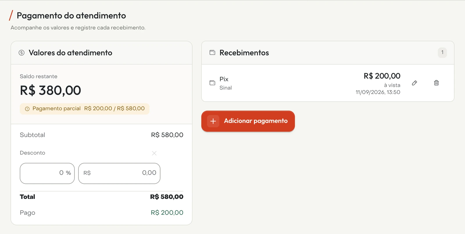 Pagamento do atendimento no Detail, com o total, o valor já recebido e o saldo restante