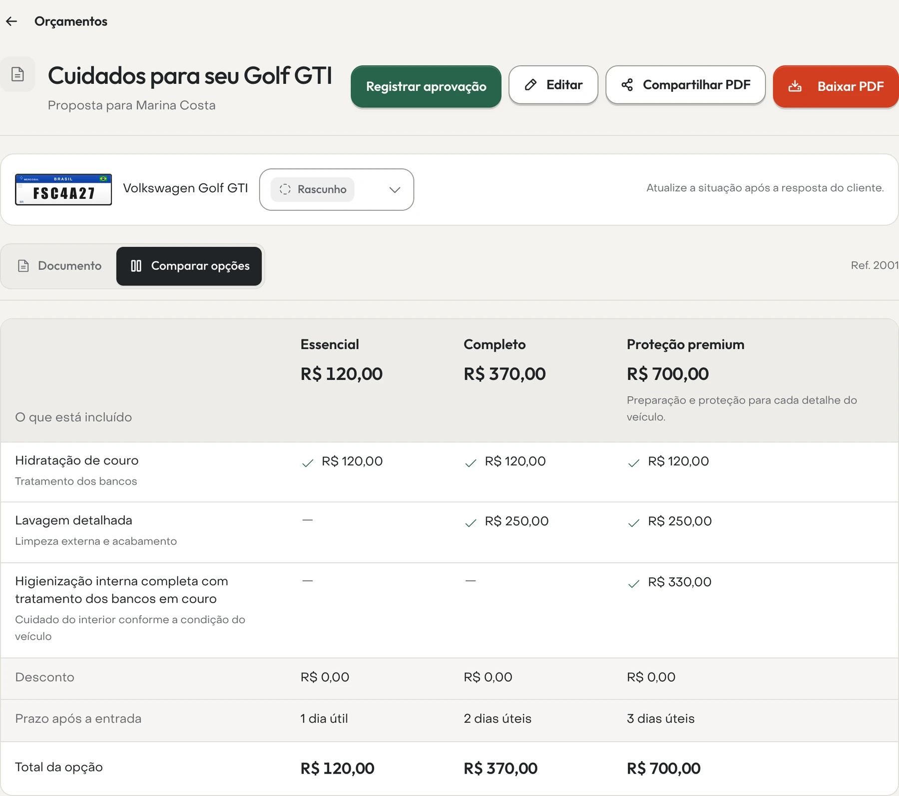 Comparação de opções no orçamento do Detail, com os serviços incluídos, prazos e valores de cada opção