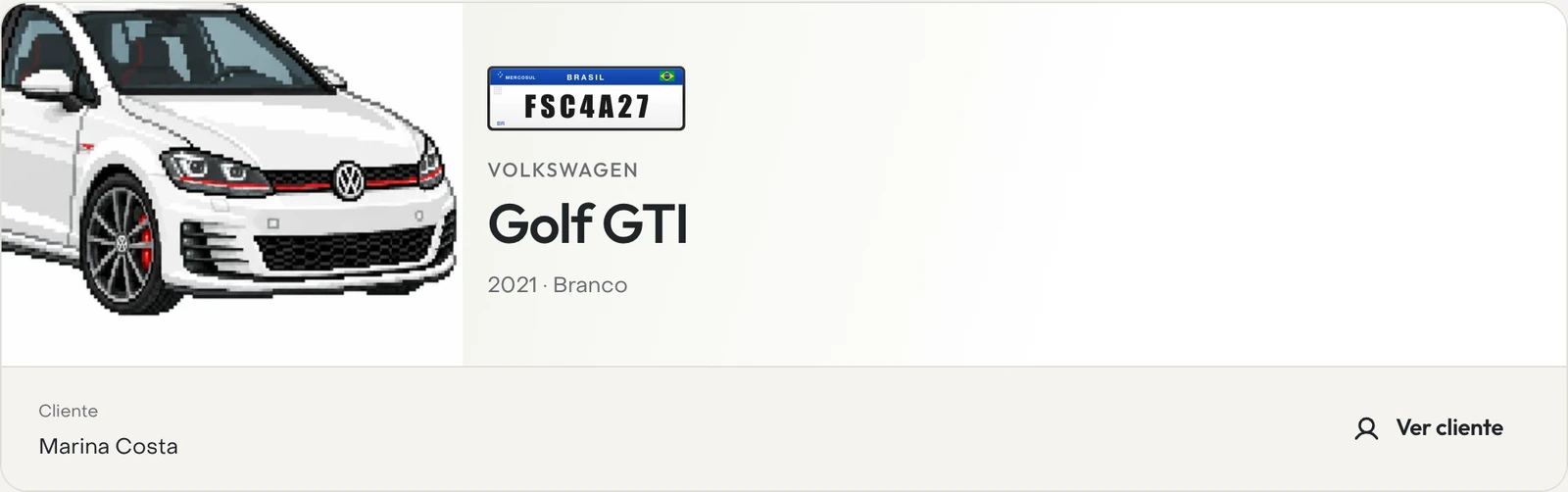 Identidade do veículo no Detail: ícone do Golf GTI, placa, modelo, ano, cor e cliente